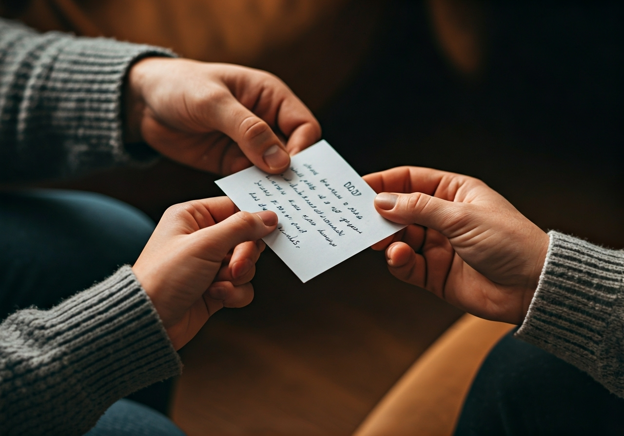 Hands exchanging gratitude note