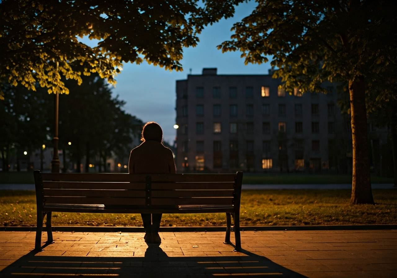 Person reflecting alone at dusk